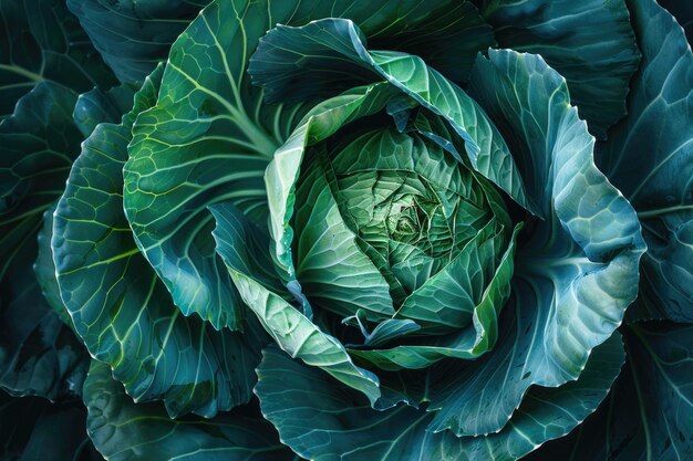 Lush green cabbage leaves emerge with dewdrops