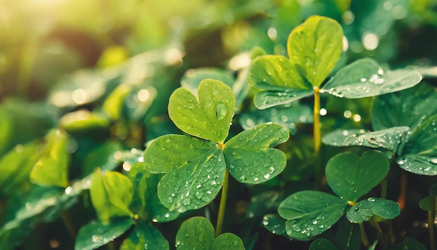 Lush green clover leaves with dew droplets St Patricks Day holiday