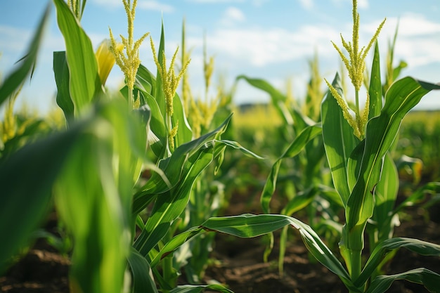 Lush Green Cornfield Under Bright Blue Sky Showcasing Young Corn Ears Generative AI