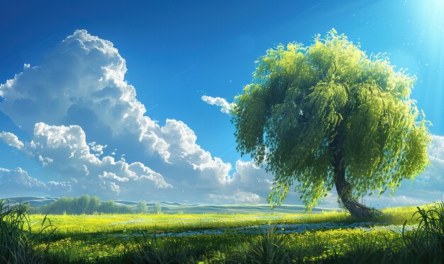 Lush green field under blue skies with a solitary grand tree generate Ai