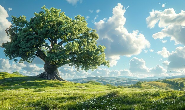 Lush green field under blue skies with a solitary grand tree generate Ai