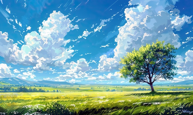 Lush green field under blue skies with a solitary grand tree generate Ai