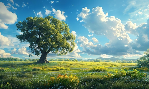 Lush green field under blue skies with a solitary grand tree generate Ai