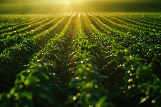 Lush Green Field of Crops in Golden Sunlight