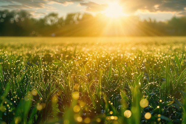 Lush Green Field of Crops in Golden Sunlight