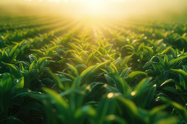 Lush Green Field of Crops in Golden Sunlight