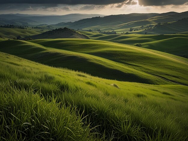 Lush Green Field of Grass Serene Landscape with Vibrant Blades Rolling Hills and Clear Blue Sky