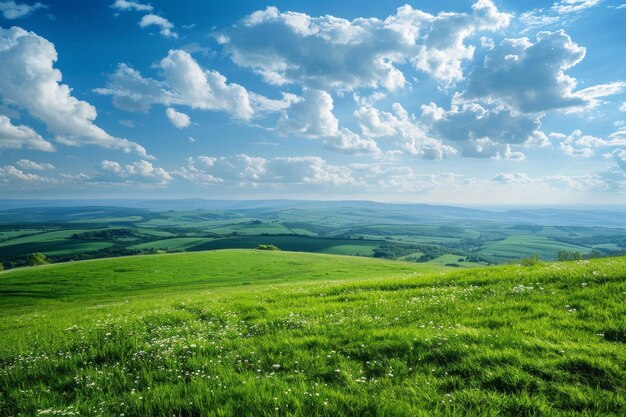 Lush Green Field With Blue Sky Background