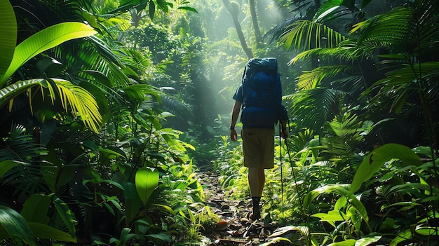 Lush green foliage of a dense jungle with a backpacker walking through it on a dirt path Sun rays filtering through the leaves