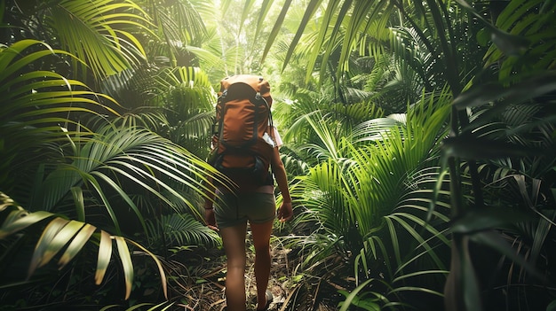 Lush green foliage of a dense jungle with a woman in the distance