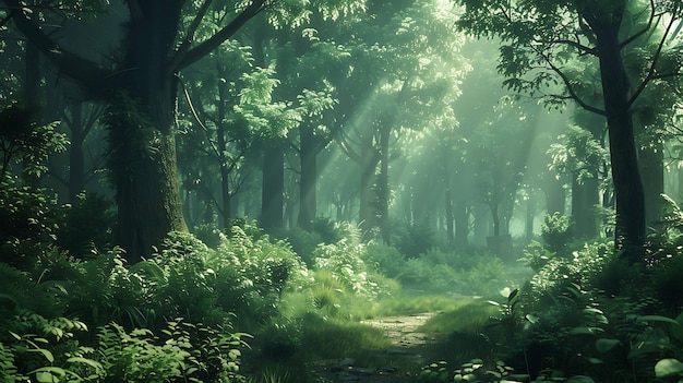 The lush green foliage of the forest creates a dense canopy blocking out most of the sunlight