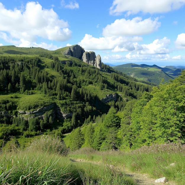 Photo lush green foliage frames a majestic mountain vista under a blue sky