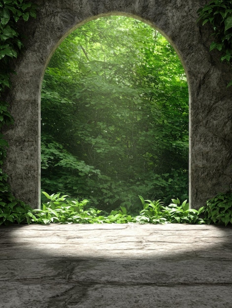 Photo lush green foliage through stone archway