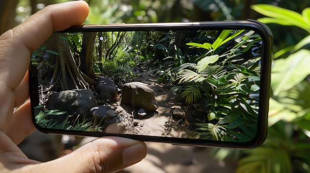 Photo lush green foliage of a tropical jungle photographed with a smartphone