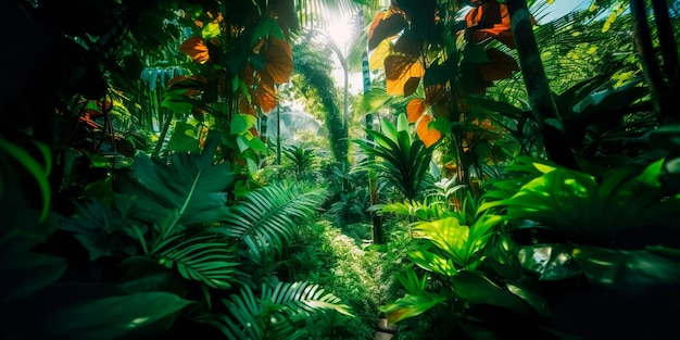 Lush green foliage in a tropical rainforest background Generative AI