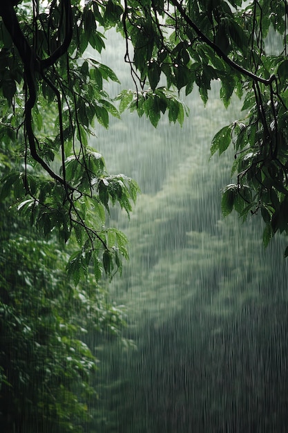 Lush Green Foliage with Rainfall in a Serene Forest Setting Captured in High Definition