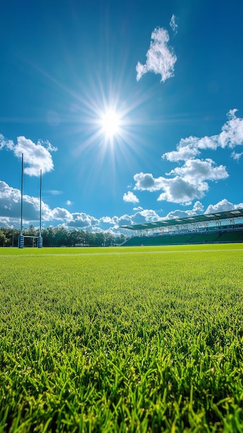 A lush green football field under a bright blue sky with a shining sun signifying energy recr