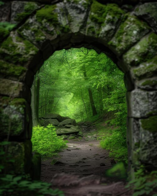 Lush green forest path through stone archway