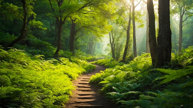 Lush Green Forest Pathway Under Sunlight