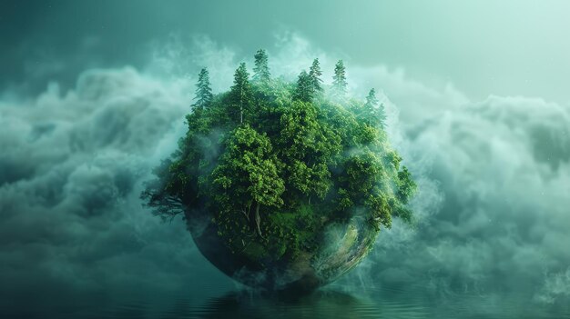 Photo a lush green forest surrounded by fog on a floating globular island generative ai