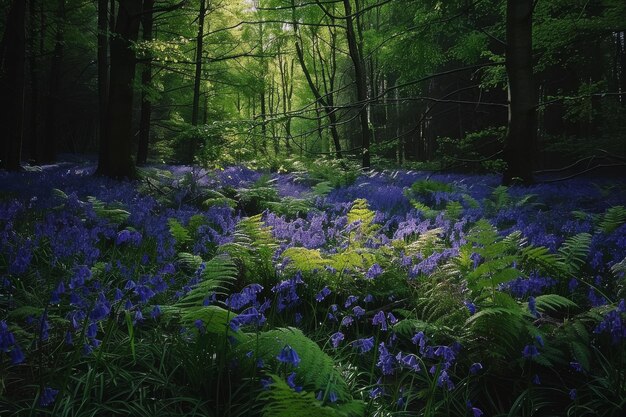 Lush Green Forest With Blue Flowers