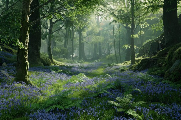 Lush Green Forest With Blue Flowers