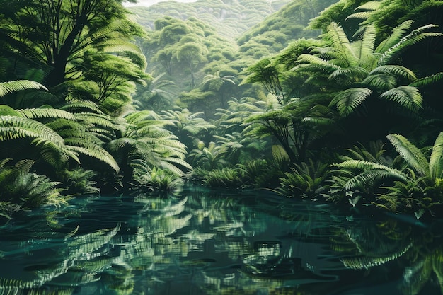 Photo lush green forest with body of water captured from above