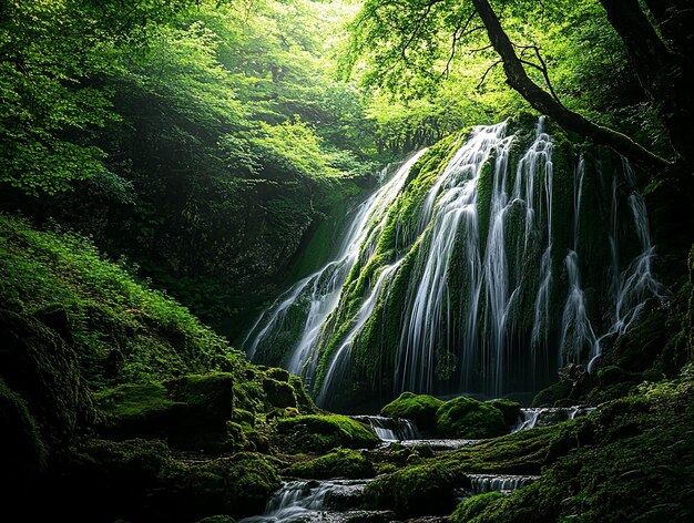 Photo lush green forest with cascading waterfall