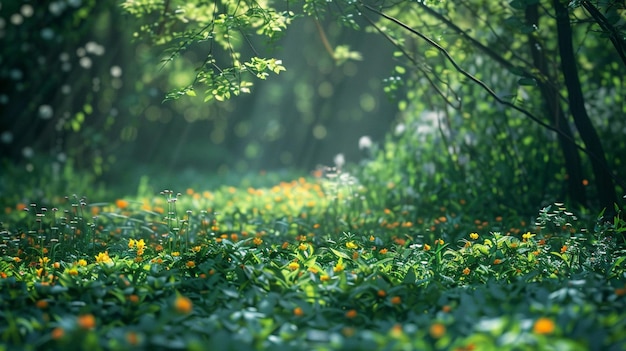 Lush Green Forest with Fresh Growth and Flowers Nature Landscape Image