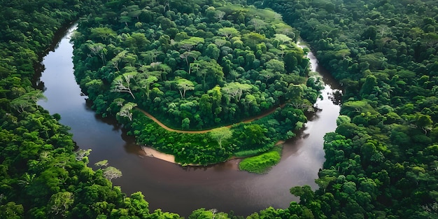 Lush green forest with meandering river