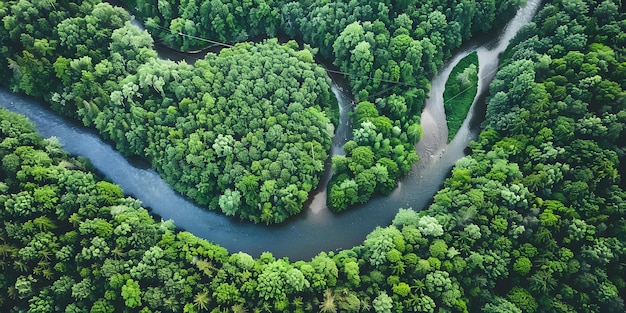 Lush green forest with meandering river