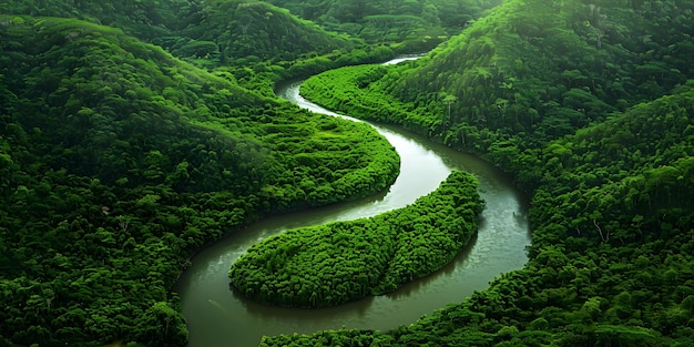 Lush green forest with meandering river