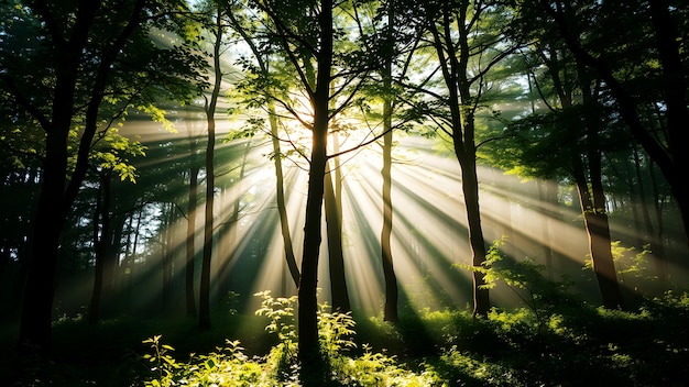 Photo a lush green forest with rays of sunlight filtering through the trees