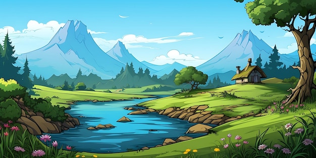 Photo a lush green forest with a river running through it cartoon illustration