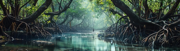 A lush green forest with a river running through it