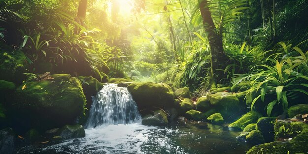 A lush green forest with a small stream running through it