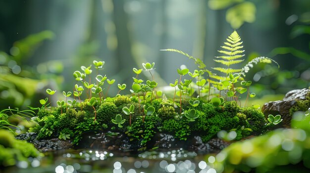 A lush green forest with a small stream running through it