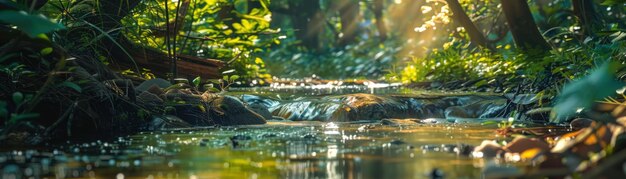 A lush green forest with a stream running through it