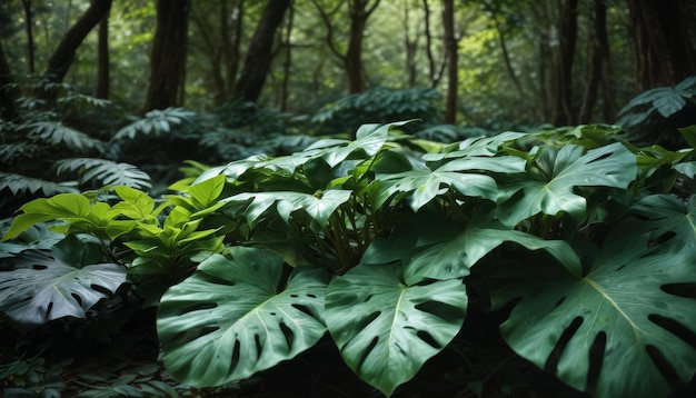 Photo a lush green forest with a variety of plants and trees