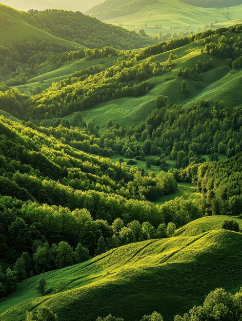 Photo lush green forests blanketing rolling hills at sunrise