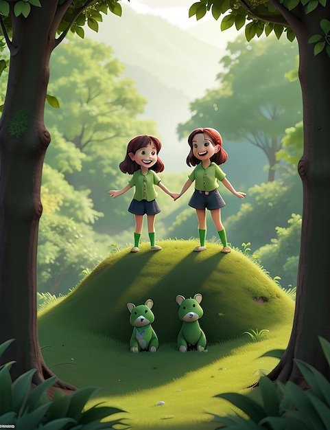 A lush green forests with two friend standing atop a hill