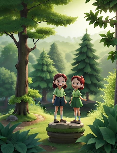 A lush green forests with two friend standing atop a hill