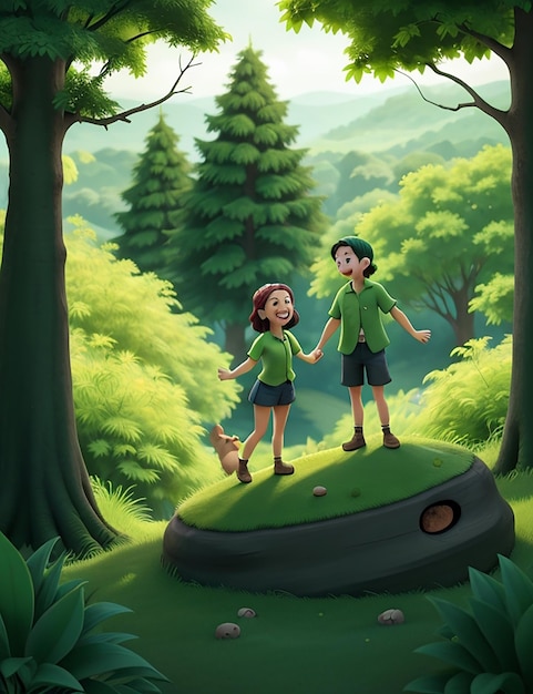 A lush green forests with two friend standing atop a hill