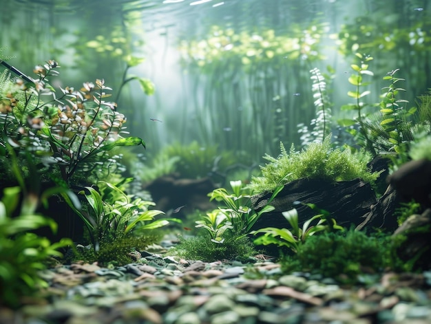 A lush green garden with a pond and a few plants