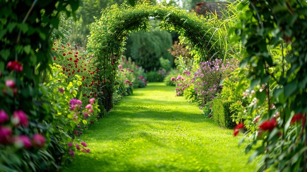 Lush Green Garden with Vibrant Flowering Climbers