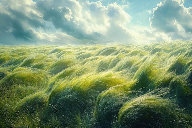 Photo lush green grass field under a dramatic sky with rolling clouds and sunlight