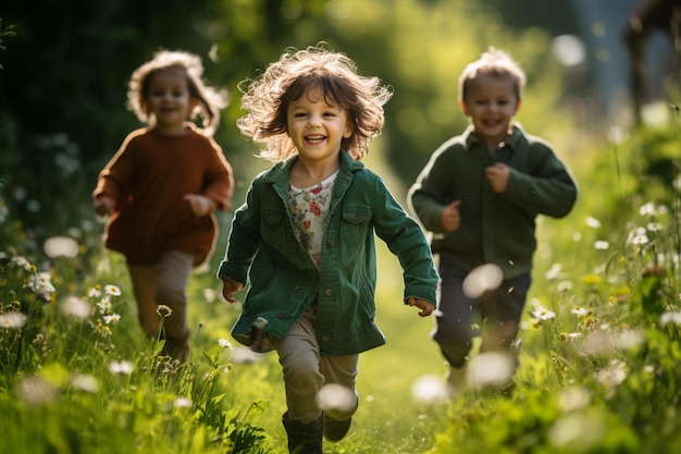 Lush green grass in the sun with kids joyfull