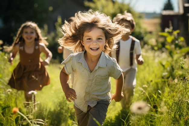 Lush green grass in the sun with kids joyfull