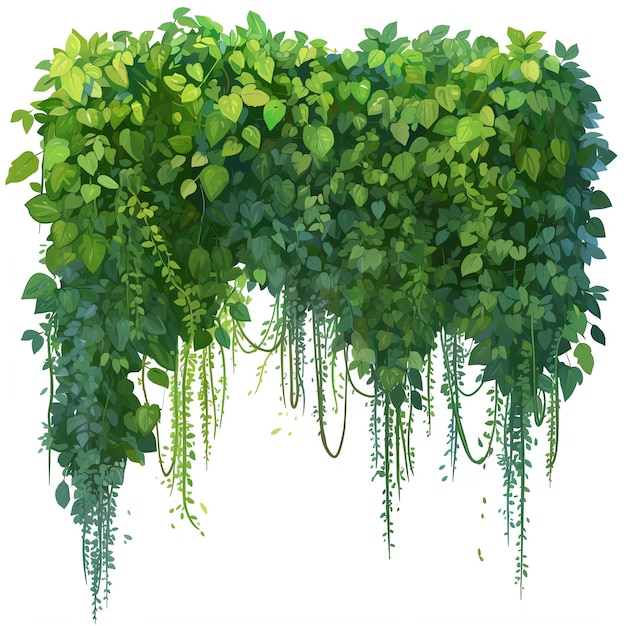 Lush green hanging foliage with trailing vines against a white background perfect for nature