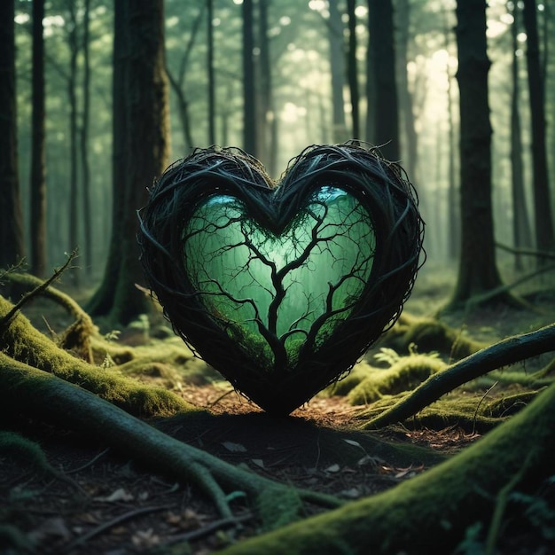 Photo a lush green heart set against a rich forest background celebrating natures depth and serenity